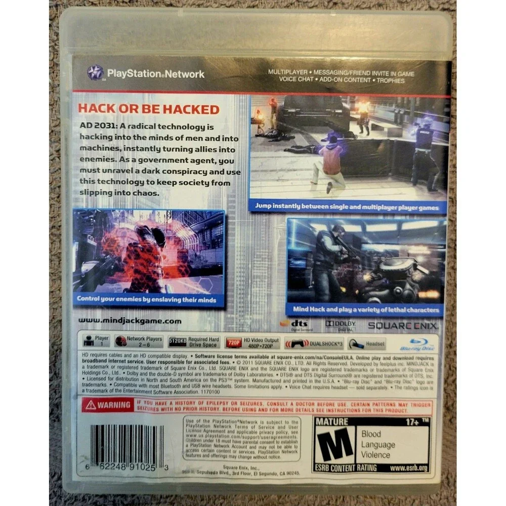 MindJack (Sony PlayStation 3, 2011) PS3, TESTED & WORKING,CLN DISC,FAST SHIPPING